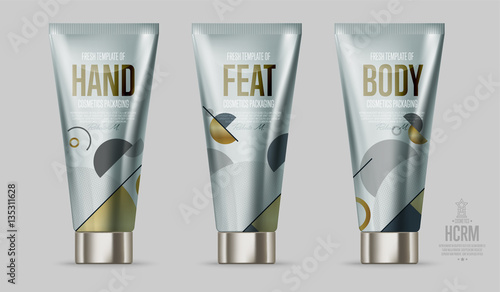 Realistic face or body daily care cosmetic product plastic container set vector illustration. Lotion, tonic, shower gel, shampoo, hand cream 3D colorful tube. New modern cosmetic brand series template