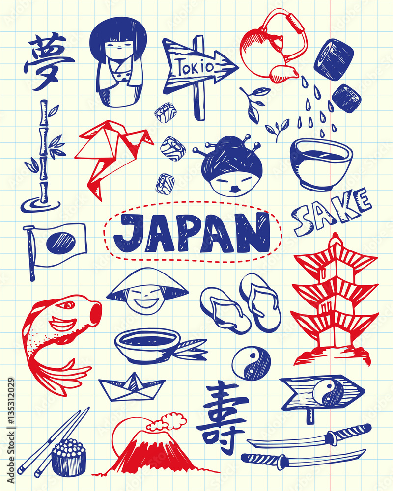 Japan associated symbols. Japanese national, cultural, architectural, culinary, nature, historical, religious related hand drawn doodles vector set. Sketched asian icons