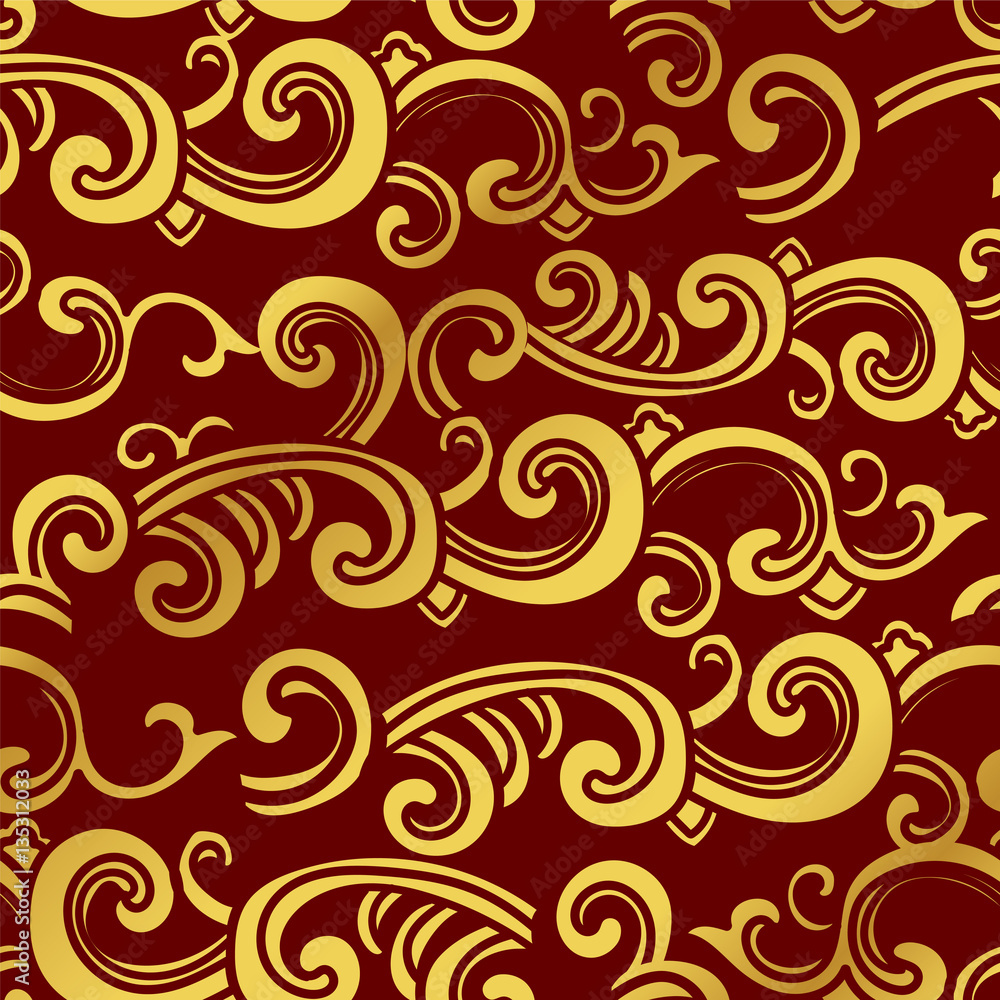 Seamless Golden Chinese Background Spiral Curve Wave Cross