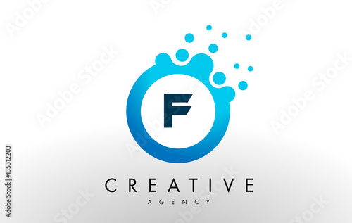 f Letter Logo. Blue Dots Bubble Design Vector