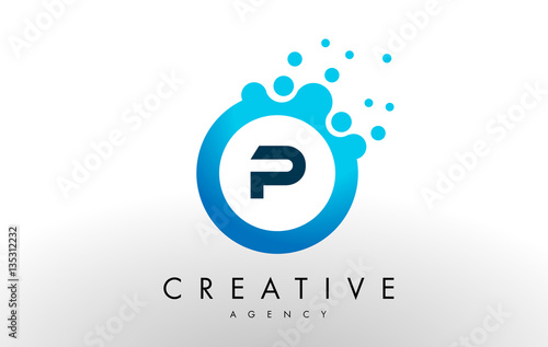 p Letter Logo. Blue Dots Bubble Design Vector