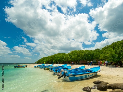 Bild auf Leinwand Boats on White Sand Sandy Rock Beach Shallow Turquoise water with waves in Pigeo