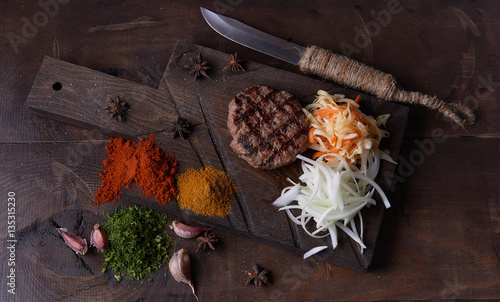 Steak grill, food background, wood background. View from above. Studio photography, Subject photography.