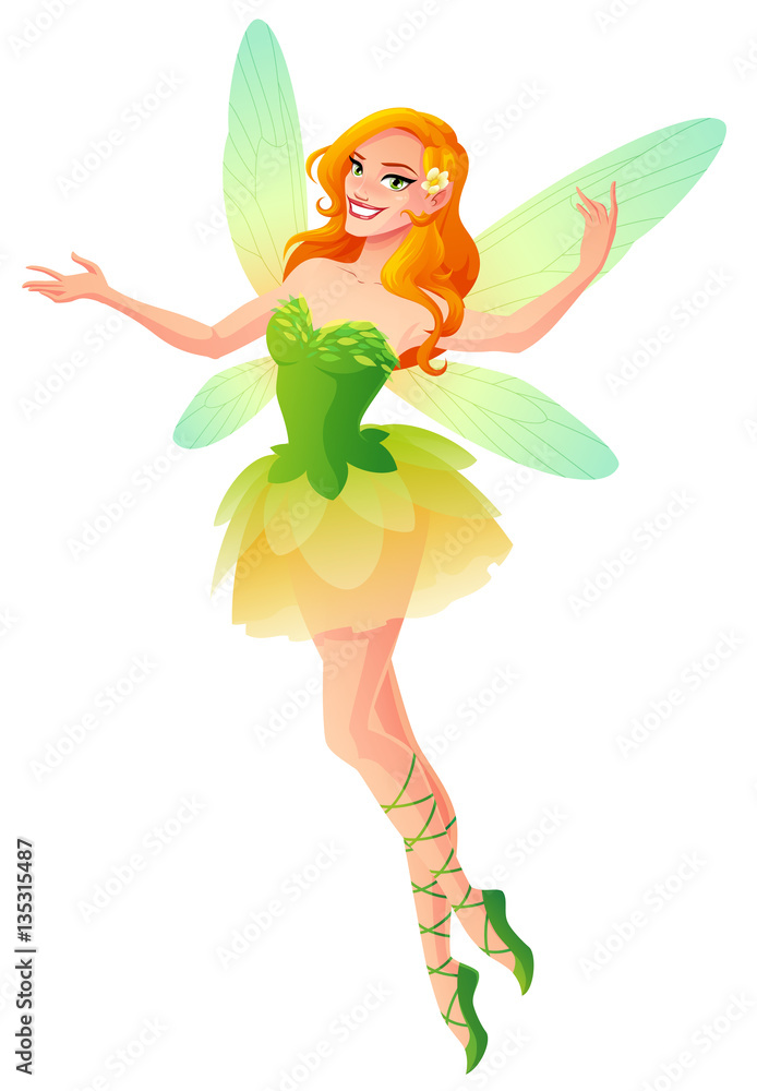 Flying and presenting fairy with wings in green. Vector illustration. Flying and presenting fairy with wings in green. Vector illustration.