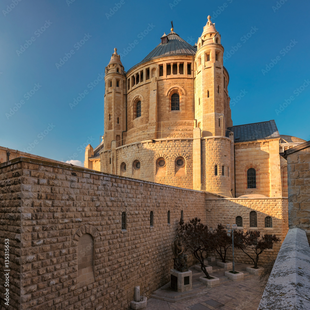Church of Dormition at sunset, the Orthodox Church of Jerusalem, located near Zion Gate outside the Old City. Israel.
