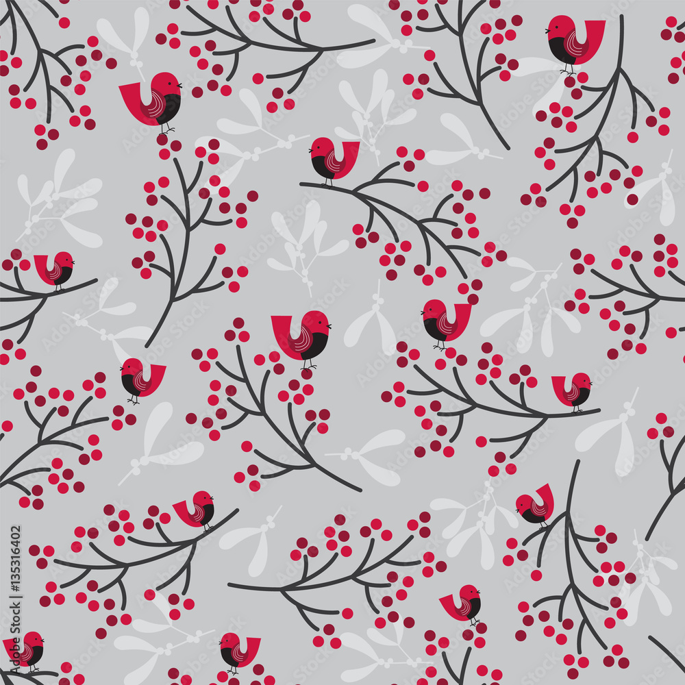 Seamless christmas pattern with berry and robin design