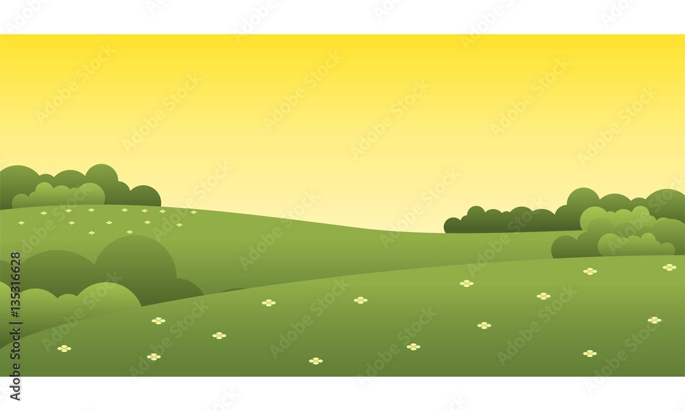 Fototapeta premium Piękny zachód słońca zielony park krajobraz ilustracji wektorowych
