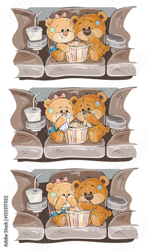 Set vector clip art illustrations Teddy Bears are watching a movie