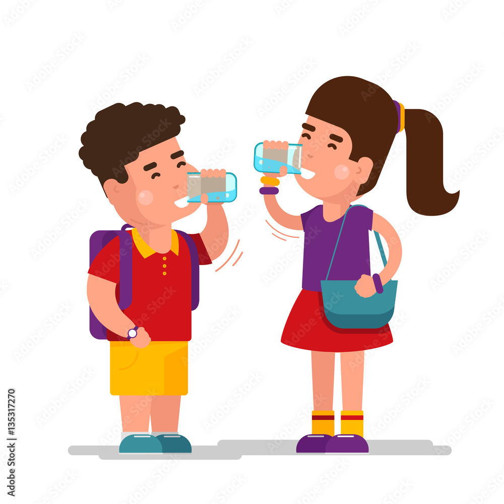 Girl drink blue refreshing relax water and boy drinking from clean glass vector illustration Girl drink blue refreshing relax water and boy drinking from clean glass vector illustration