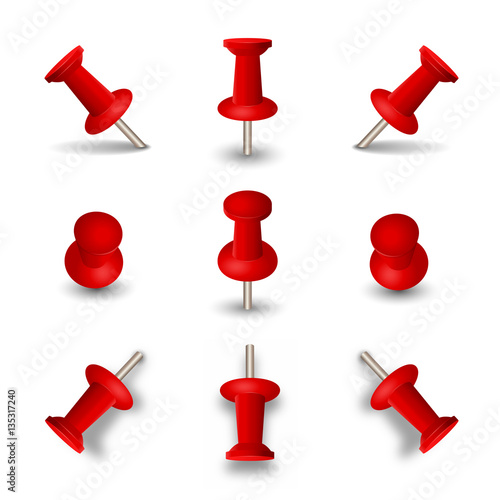 Red push pins isolated on white background. Office thumbtacks or pushpins vector illustration