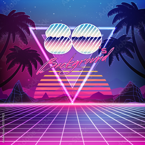 80s Retro Sci-Fi Background. Vector retro futuristic synth retro wave illustration in 1980s posters style photo