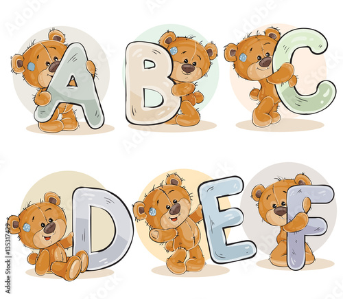 Set vector letters of the English alphabet with funny teddy bear