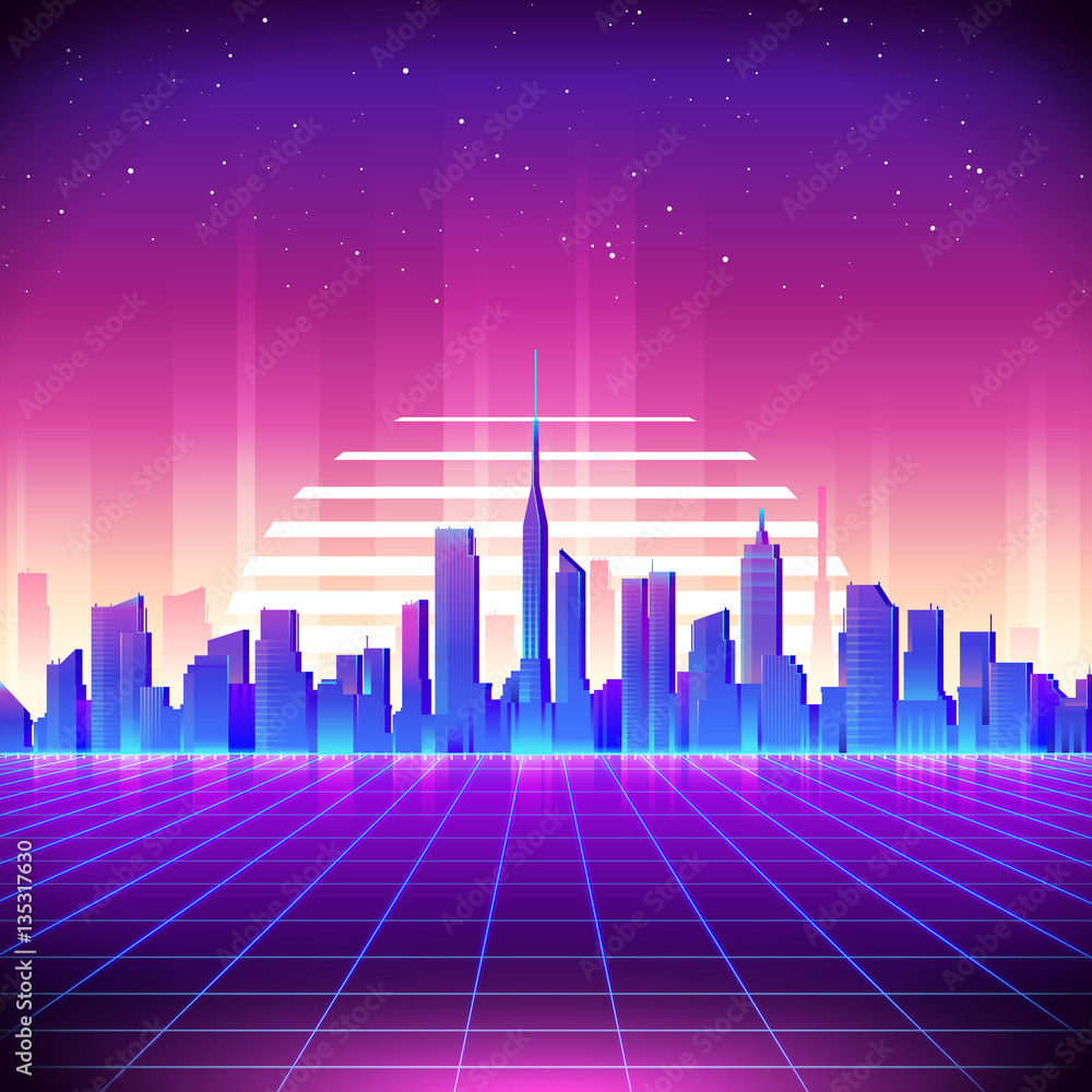 Stockvector 80s Retro Sci Fi Background with Neon City. Vector