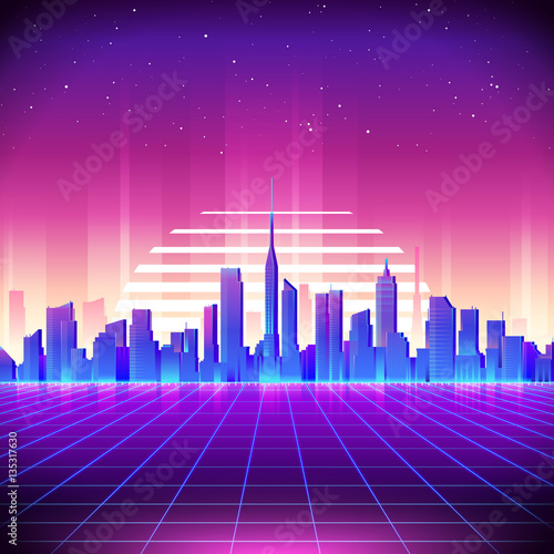 80s Retro Sci-Fi Background with Neon City. Vector retro futuristic synth ret...