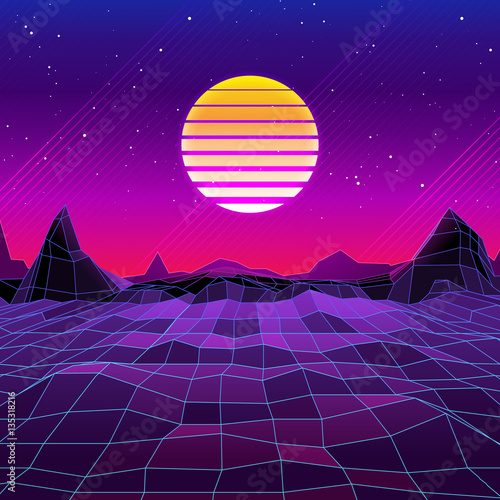 80s Retro Sci-Fi Background. Vector retro futuristic synth retro wave illustration in 1980s posters style