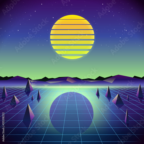 80s Retro Sci-Fi Background. Vector retro futuristic synth retro wave illustration in 1980s posters style