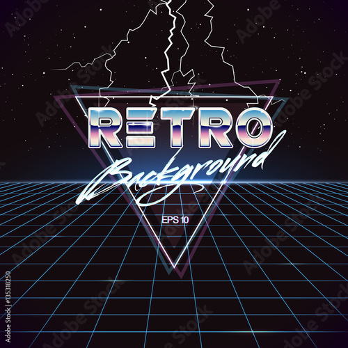 80s Retro Sci-Fi Background. Vector retro futuristic synth retro wave illustration in 1980s posters style