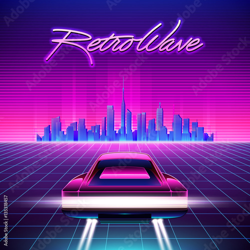 80s Retro Sci-Fi Background. Vector retro futuristic synth retro wave illustration in 1980s posters style