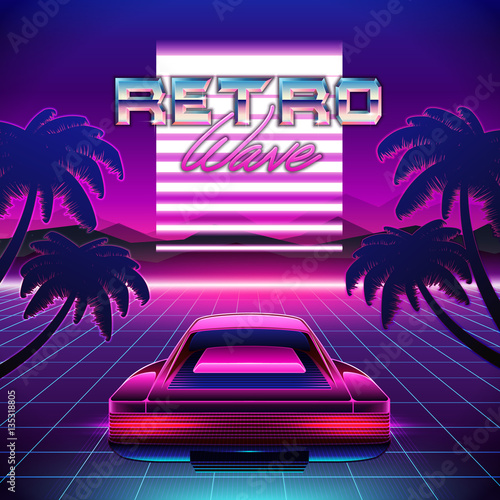 80s Retro Sci-Fi Background. Vector retro futuristic synth retro wave illustration in 1980s posters style