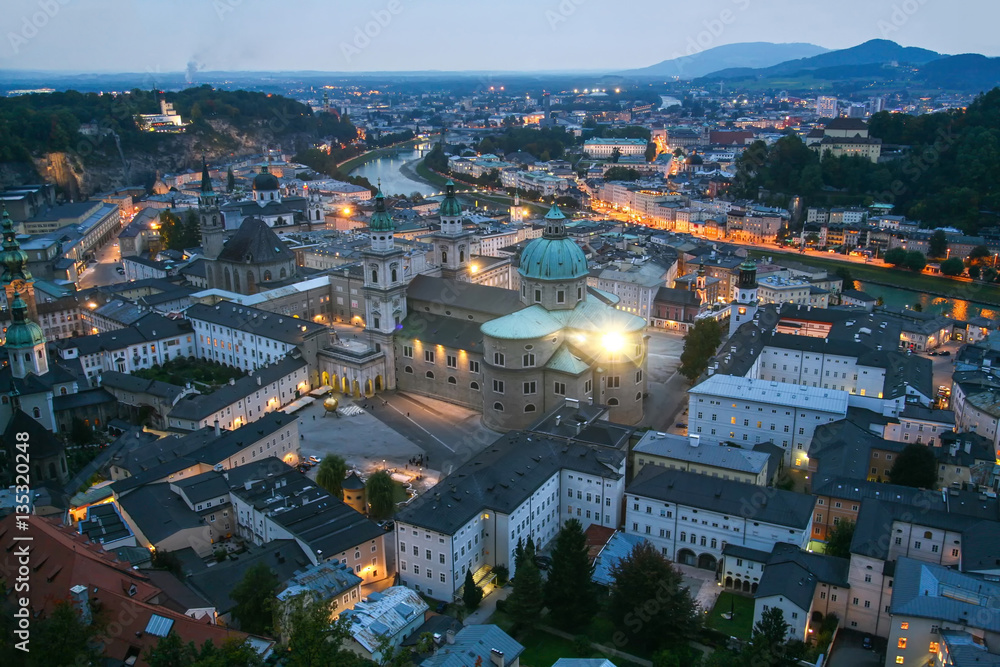 Beautiful view of the city of Salzburg seen from the fortress walls - Hohensalzburg Fortress, Austria 