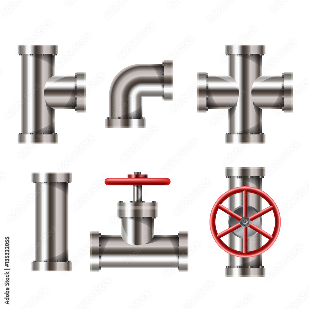 Realistic metallic water pipe set with tap, corner, and cross elements, isolated on white