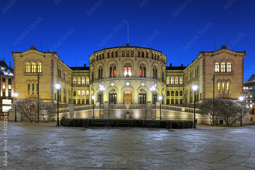 Storting building, the seat of the parliament of Norway, in Oslo in night