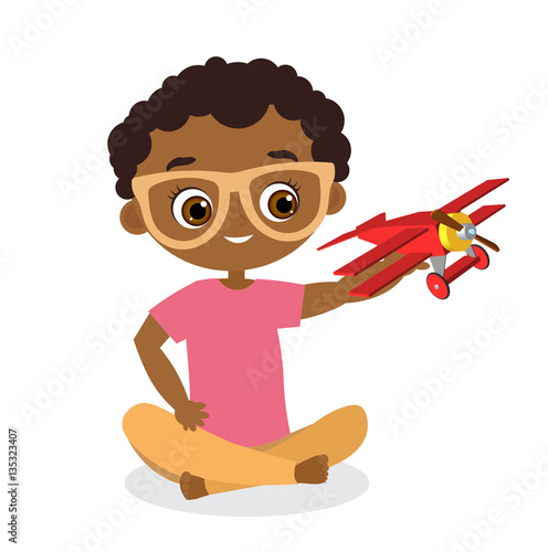 African American boy with glasses and toy plane. Boy playing with airplane. Vector illustration eps 10 isolated on white background. Flat cartoon style.