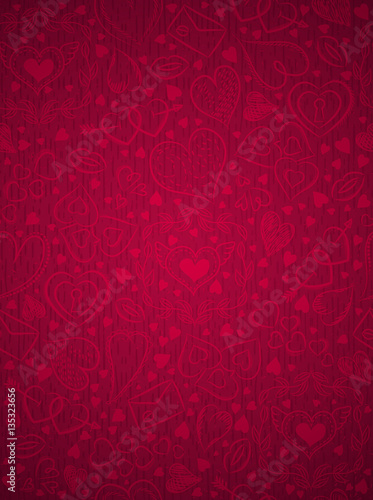 Red patterned background with valentine hearts, vector 