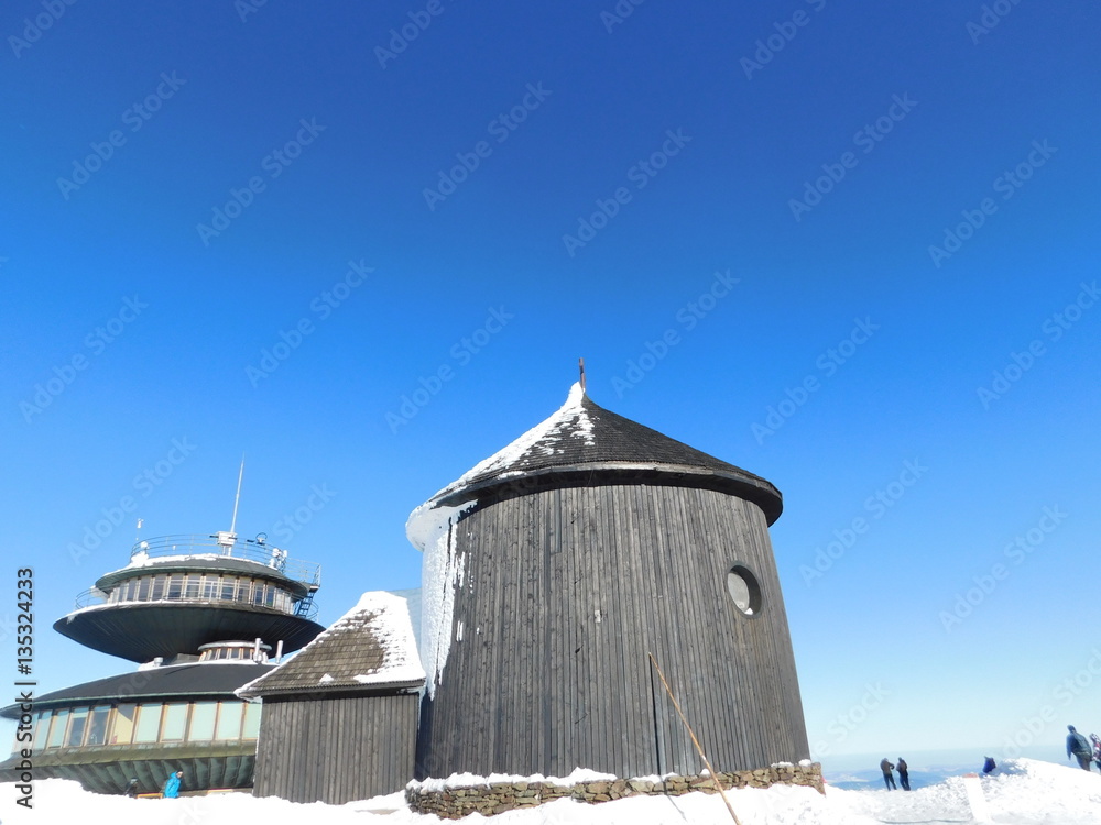 Observatory on peak Sniezka and winter landscape Observatory on peak Sniezka and winter landscape