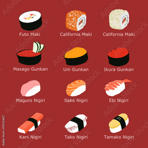 Many kinds of sushi with their japanese name on carmine background.
