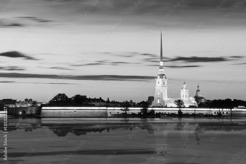 Fototapeta premium Night view of the Peter and Paul Fortress, St. Petersburg , black-and-white image