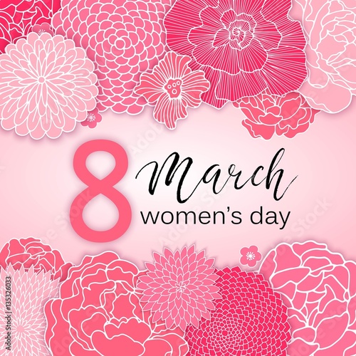8 March Design with Pink Flowers. International Women's Day Background.