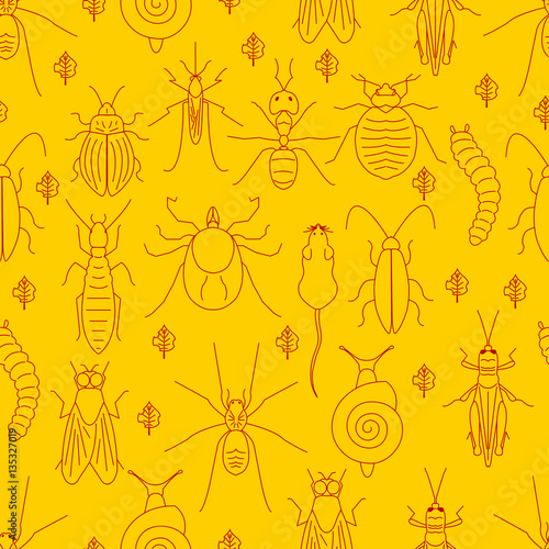 Seamless pattern of red linear pest insects and damaged leaves on yellow background. Parasitic beetle concept. Perfect for exterminator service companies. Vector illustration. 

