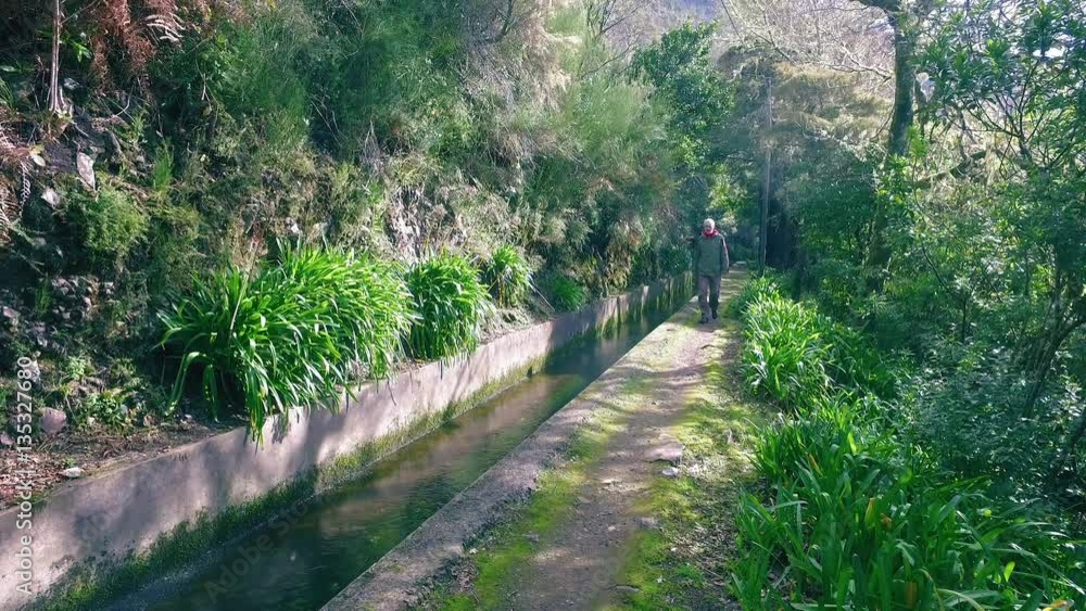 Tourists Walking on Hiking Pathway Levada Waterway Tourists Walking on Hiking Pathway Levada Waterway