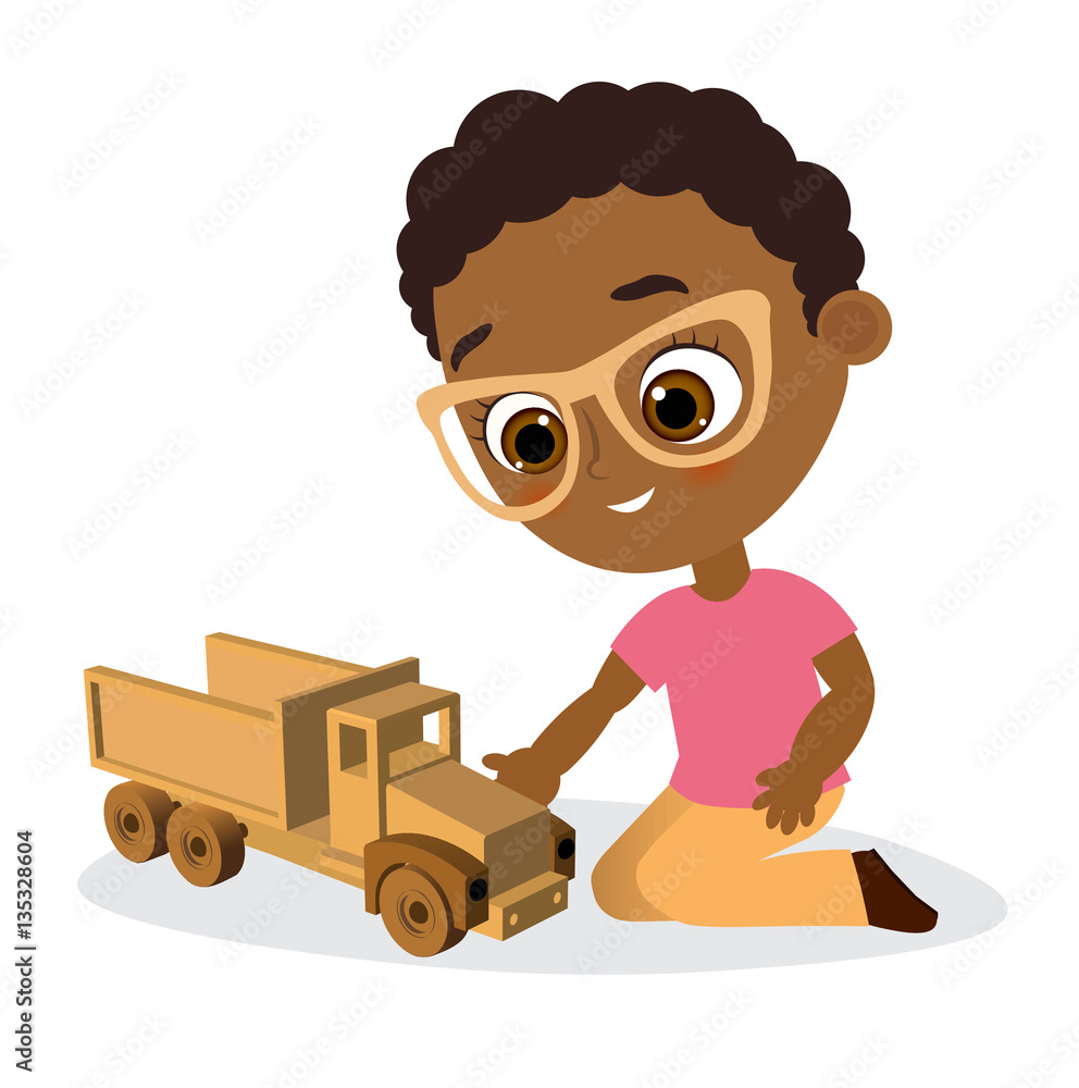 African American boy with glasses and toy car. Boy playing car. Vector