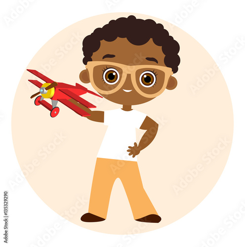 African American boy with glasses and toy plane. Boy playing with airplane. Vector illustration eps 10 isolated on white background. Flat cartoon style.