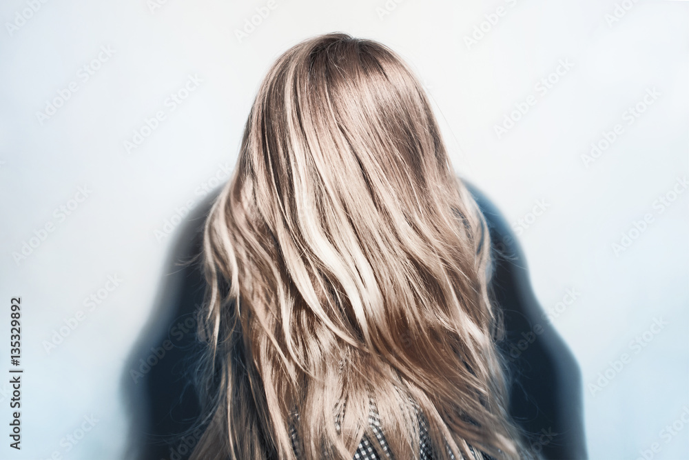 Healthy dyed blond hair of young woman - obrazy, fototapety, plakaty 