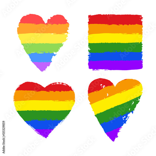 Vector gay pride design elements: rainbow flag, heart, smear. LGBT, gay and lesbian pride symbols, icons. Hand drawn paint strokes isolated on white background. LGBT concept.