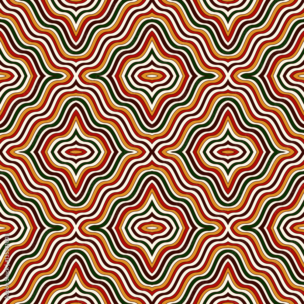 Bright op art background. Psychedelic optical illusion effect wallpaper. Seamless pattern with geometric ornament.
