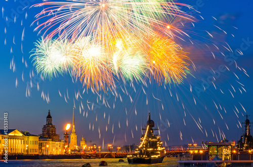 Salute fireworks explosions city night lights Saint-Petersburg