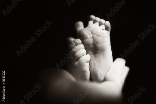 newborn baby feet on the fathers hands. black and white   © stopabox