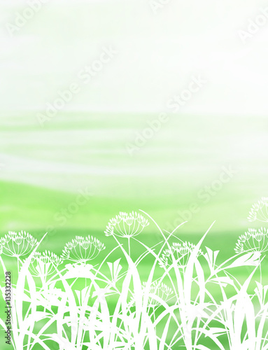 abstract watercolor background as the sky and white summer grass. Hand drawn letters on summer background