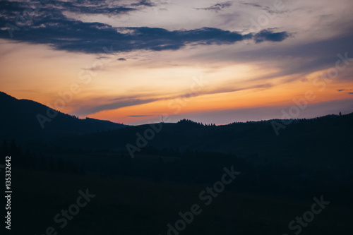 Sunset in the Carpathian mountains. Beautiful mountain view.