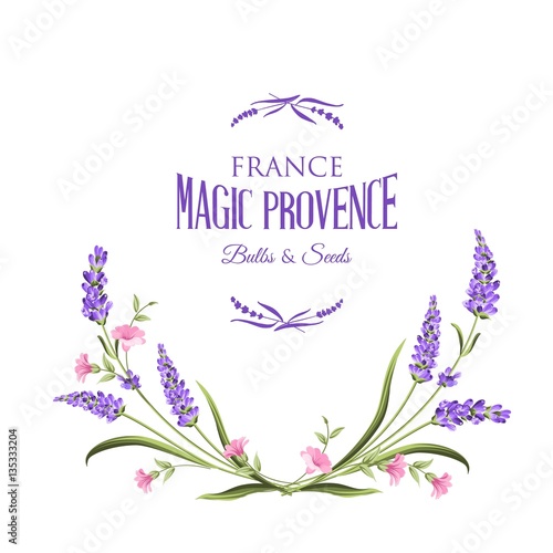 Frame of lavender flowers on a white background. Label of soap package. Label with lavender flowers. Vector illustration.