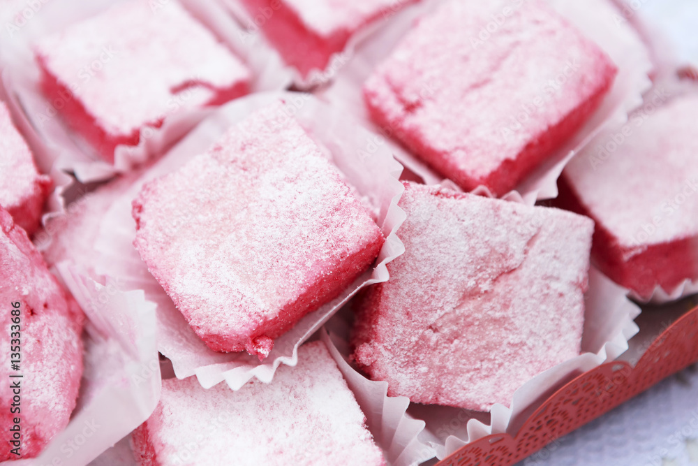 Rose turkish delight, lokum sweets closeup Rose turkish delight, lokum sweets closeup