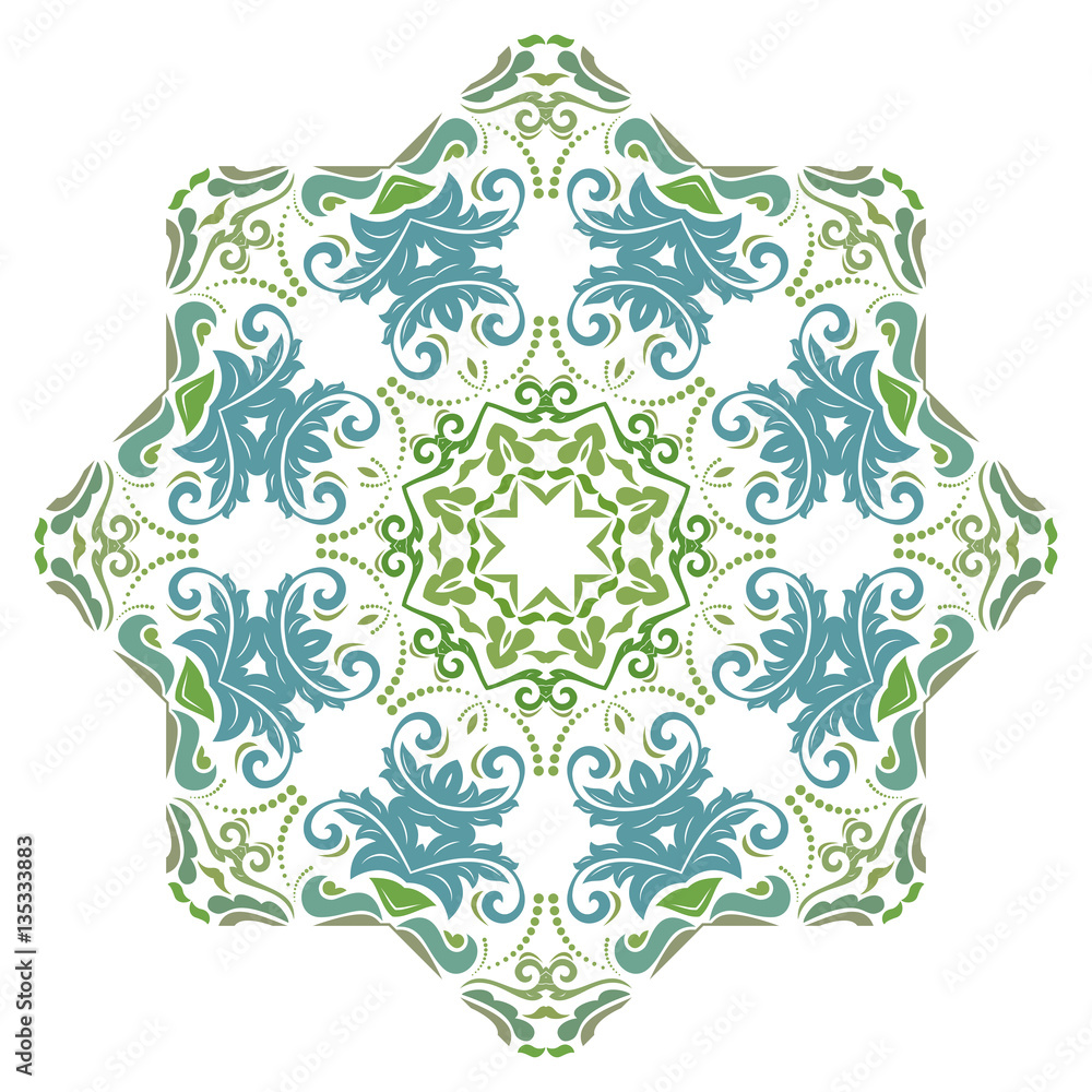 Oriental round colorful pattern with arabesques and floral elements. Traditional classic ornament