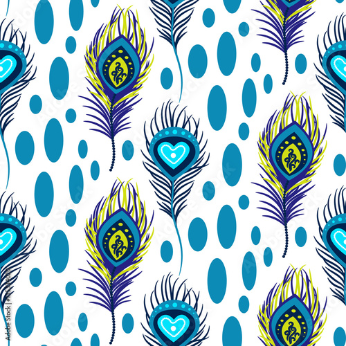 Peacock blue and green seamless vector pattern. Peafowl feathers tileable print for textile or wrap paper.