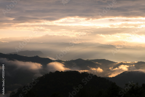 Fog Of Sunrise And Mountain