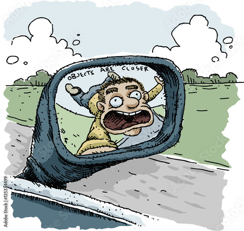 A cartoon of a mirror on the side of a moving car showing a man hanging on o the outside and screaming in fear.