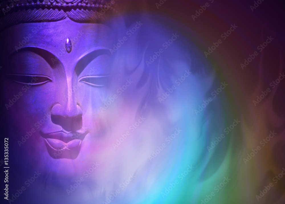 Mystical Buddha Background - ethereal colored gaseous vapors rising up with a partial Buddha head emerging from the darkness on left side and copy space on right - obrazy, fototapety, plakaty 